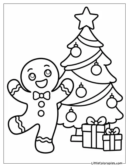 Gingerbread Man Dancing Beside a Christmas Tree Coloring Page