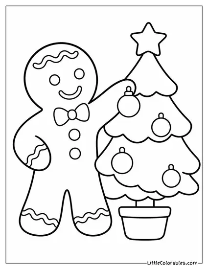 Gingerbread Man Decorating a Tiny Christmas Tree Coloring Page
