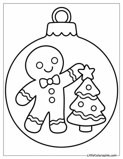Gingerbread Man Decorating a Tiny Cookie Tree Coloring Page