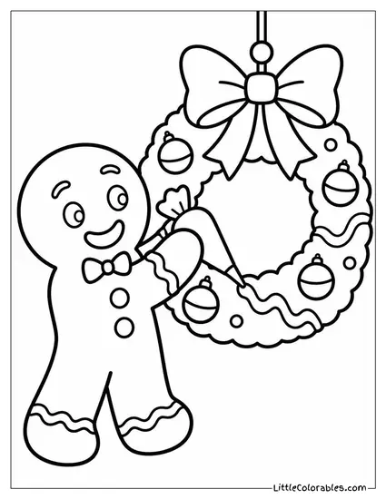 Gingerbread Man Decorating a Wreath with Icing Coloring Page