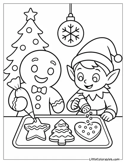Gingerbread Man Decorating Cookies with an Elf Coloring Page