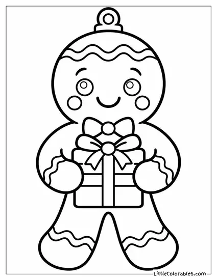 Gingerbread Man Holding a Wrapped Christmas Gift Coloring Page