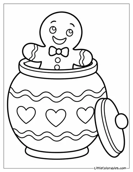 Gingerbread Man Peeking Out of a Cookie Jar Coloring Page