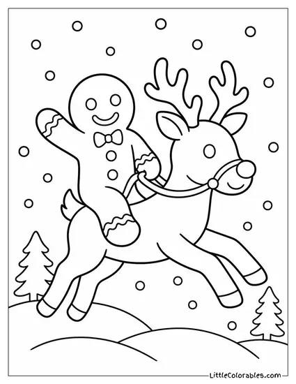 Gingerbread Man Riding a Reindeer Through Snowfall Coloring Page