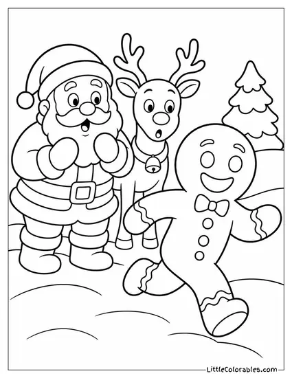 Gingerbread Man Running Past Santa and Reindeer Coloring Page