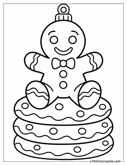 Gingerbread Man Sitting on a Stack of Cookies Coloring Page