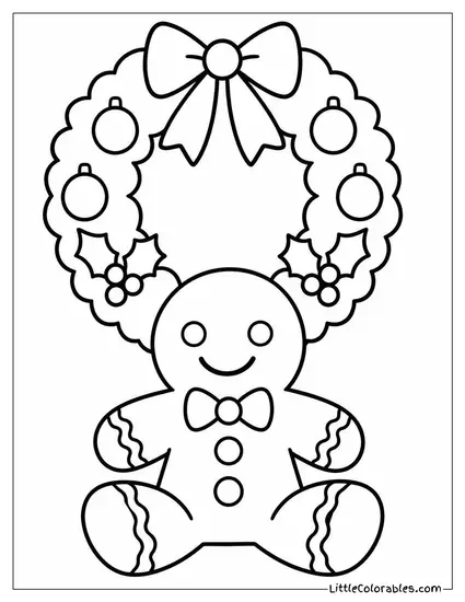 Gingerbread Man Sitting Under a Christmas Wreath Coloring Page