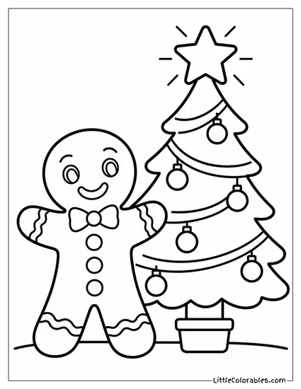 Gingerbread Man Standing Beside a Lit Christmas Tree Coloring Page