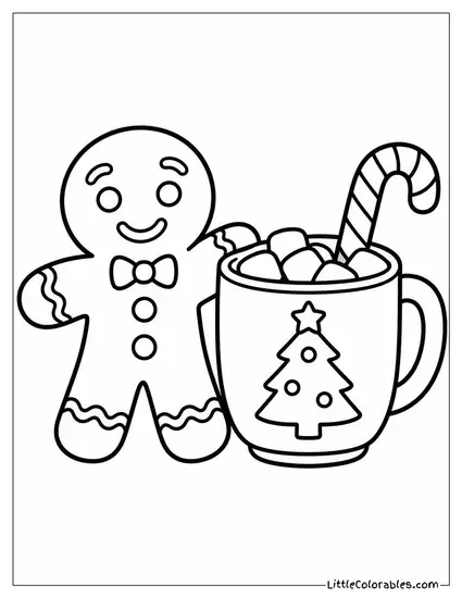 Gingerbread Man Standing Beside a Mug of Cocoa Coloring Page