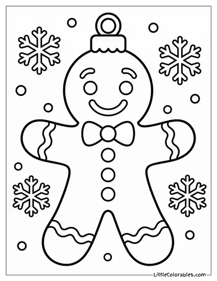 Gingerbread Man Surrounded by Falling Snowflakes Coloring Page