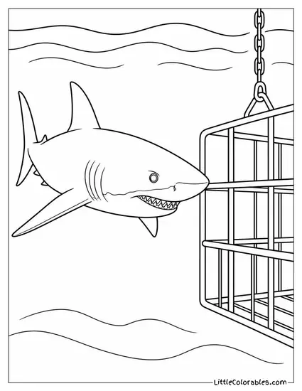 Great White Shark Approaching a Dive Cage Coloring Page