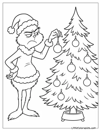 Grinch Decorating a Christmas Tree Very Reluctantly Coloring Page