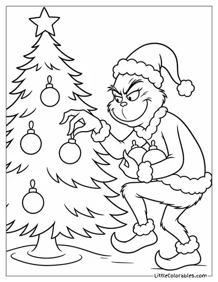 Grinch Stealing Ornaments Off a Christmas Tree Coloring Page