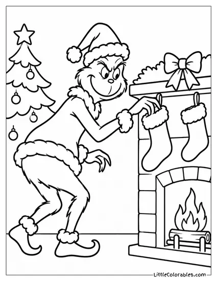 Grinch Swiping a Christmas Stocking from a Who-Ville Fireplace Coloring Page