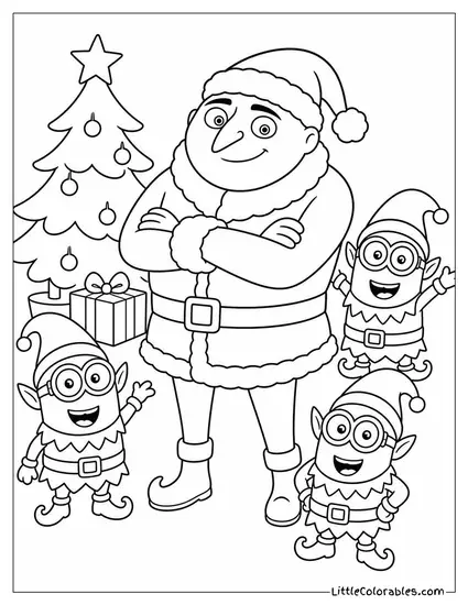 Gru Dressed as Santa with Minions Dressed as His Elves Coloring Page