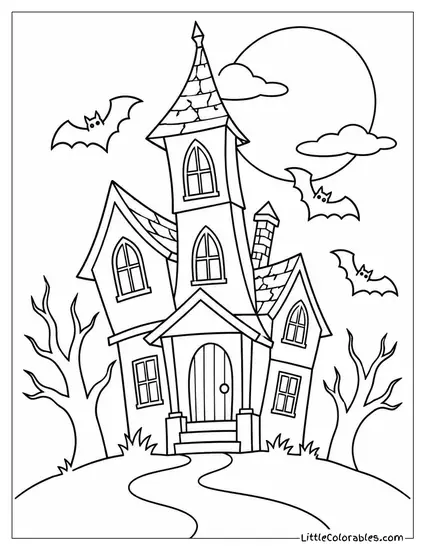 Haunted House Creaking with Bats Swirling Around Its Crooked Tower Coloring Page