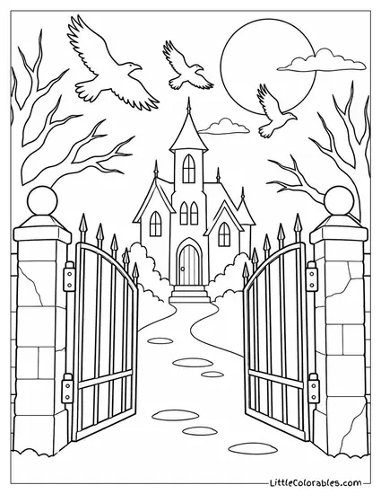 Haunted House Gate Creaking Open as Crows Scatter into the Night Coloring Page