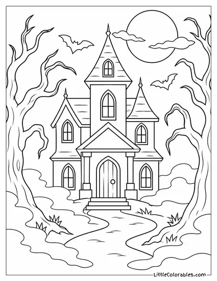 Haunted House Surrounded by Twisted Dead Trees and Drifting Fog Coloring Page