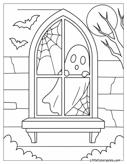 Haunted House Window Glowing with a Ghost Peeking Through Cobwebs Coloring Page