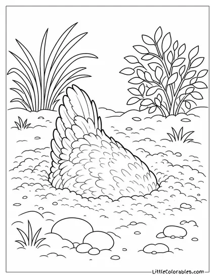 Hen Burying Herself in a Dustbath Until Only Her Tail Feathers Stick Out Coloring Page