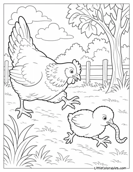 Hen Chasing a Chick That Has Found a Large Worm She Wants for Herself Coloring Page