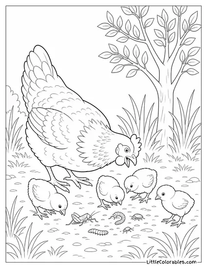 Hen Clucking Softly to Gather Her Chicks When She Finds a Patch of Insects Coloring Page