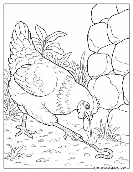 Hen Cornering an Earthworm Against a Stone Wall and Stabbing at It Repeatedly Coloring Page