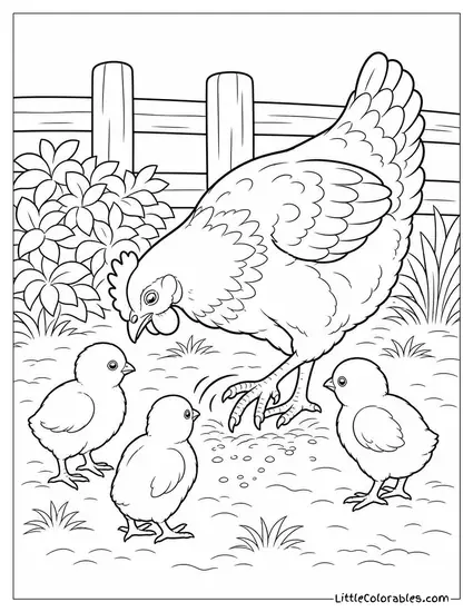 Hen Demonstrating Scratching to Her Chicks by Doing It Slowly and Waiting Coloring Page