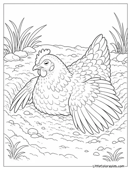 Hen Dustbathing in a Dry Hollow with Both Wings Spread and Eyes Half Closed Coloring Page