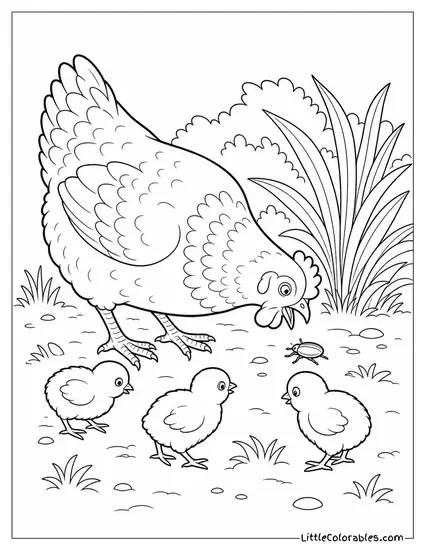 Hen Finding a Beetle and Calling Her Chicks with Short Sharp Urgent Clucks Coloring Page