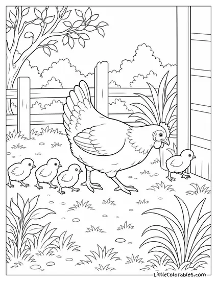 Hen Moving Her Chicks One by One to a Safer Corner When Danger Passes Coloring Page