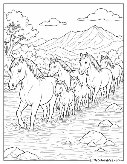 Herd Crossing a Wide Shallow River in a Line with Foals in the Middle Coloring Page
