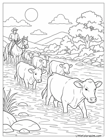 Herd of Cattle Wading Into a River on a Hot Afternoon Coloring Page