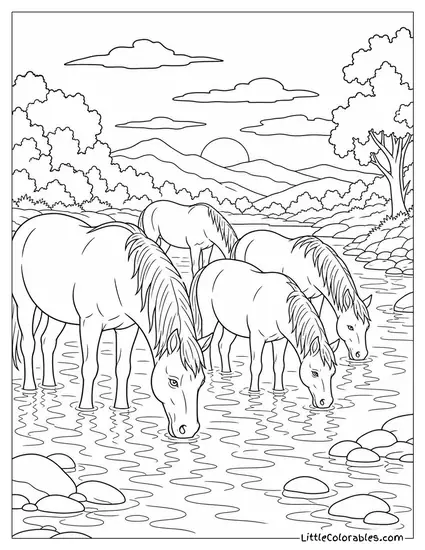 Herd of Horses Drinking from a Wide Shallow River in the Evening Light Coloring Page