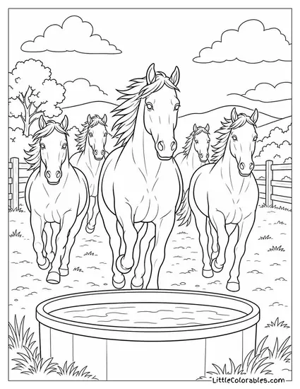 Herd of Horses Galloping Toward a Water Trough at Feeding Time Coloring Page