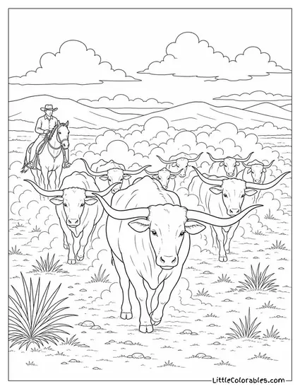 Herd of Texas Longhorns Crossing a Dry Plain Raising a Long Dust Cloud Coloring Page