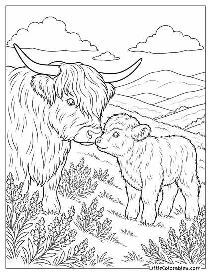 Highland Cow and Calf Pressing Noses Together on a Heather Hillside Coloring Page
