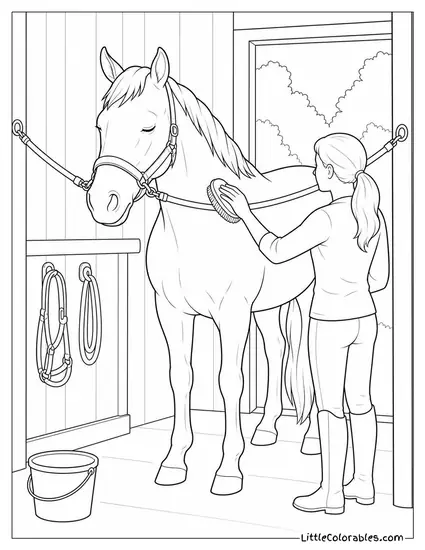 Horse Being Brushed Down in Cross Ties with Eyes Drooping in Contentment Coloring Page