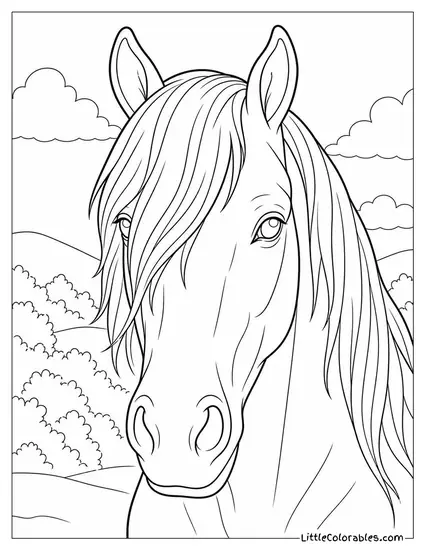 Horse Face Close-Up with a Long Forelock Falling Across One Eye Coloring Page