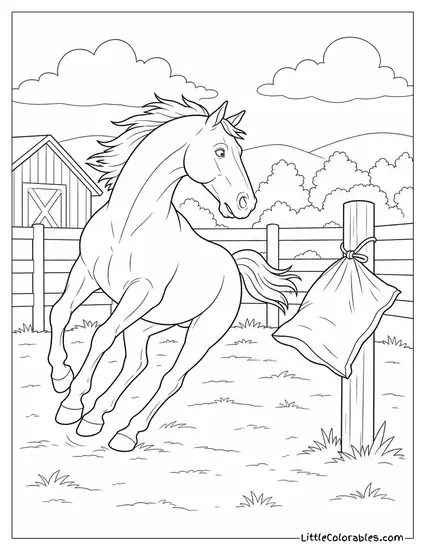 Horse Spooking Sideways at a Flapping Feed Bag on a Fence Post Coloring Page