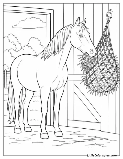 Horse Standing at a Haynet Pulling Out Large Mouthfuls Methodically Coloring Page