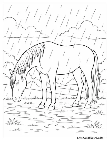 Horse Standing Still in Heavy Rain with Its Head and Neck Dropped Low Coloring Page