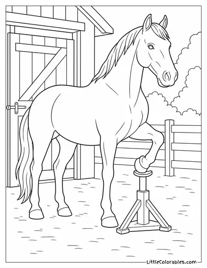 Horse with One Hoof Raised Resting on a Farriers Stand Coloring Page
