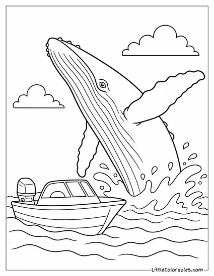 Humpback Whale Breaching Beside a Small Boat Coloring Page