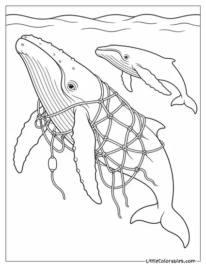 Humpback Whale Entangled in Gear Being Approached Coloring Page