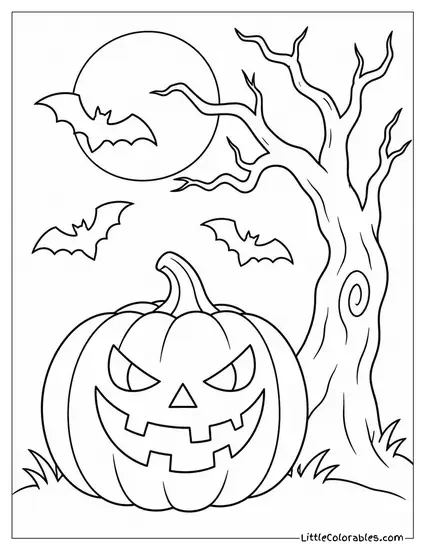Jack O Lantern Cackling as Bats Swirl Past a Crooked Spooky Tree Coloring Page