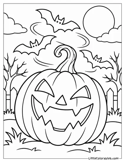 Jack O Lantern Cackling Wildly While Bats Swirl Around Its Stem Coloring Page
