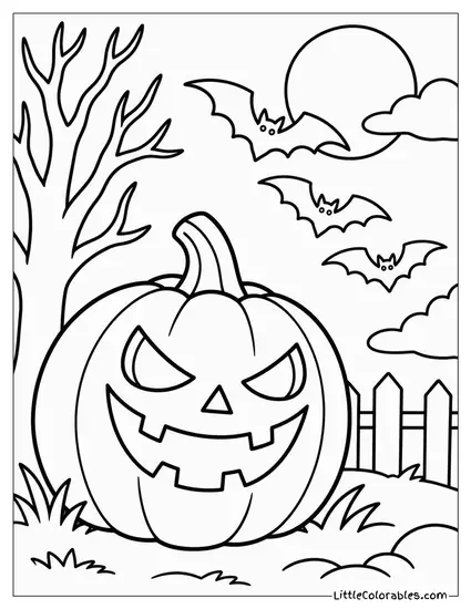 Jack O Lantern Cackling with Three Bats Swooping in Formation Nearby Coloring Page