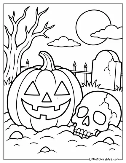 Jack O Lantern Glowing Beside a Cracked Skull Half Buried in Dirt Coloring Page