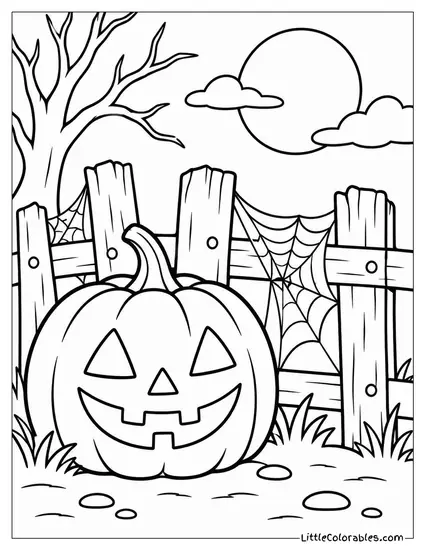 Jack O Lantern Glowing Beside a Rickety Fence Draped in Cobwebs Coloring Page